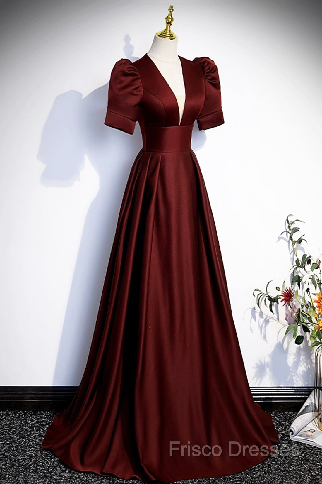 Burgundy V-Neck Satin Long Formal Prom Dress, Simple Short Sleeve Formal Party Dress