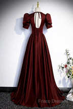 Burgundy V-Neck Satin Long Formal Prom Dress, Simple Short Sleeve Formal Party Dress