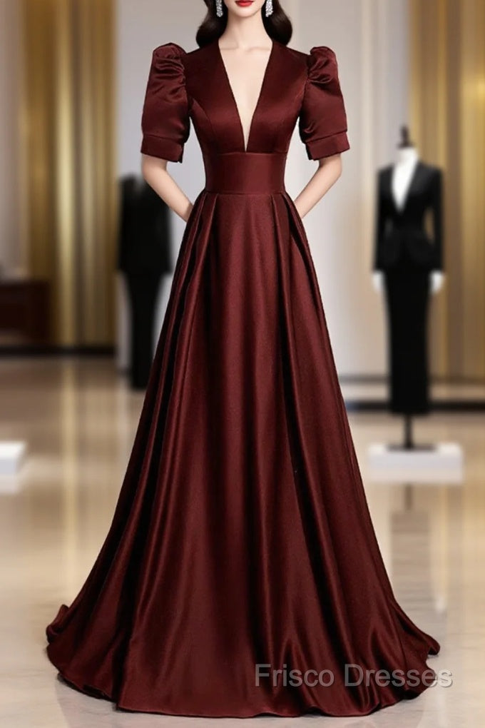 Burgundy V-Neck Satin Long Formal Prom Dress, Simple Short Sleeve Formal Party Dress Main image