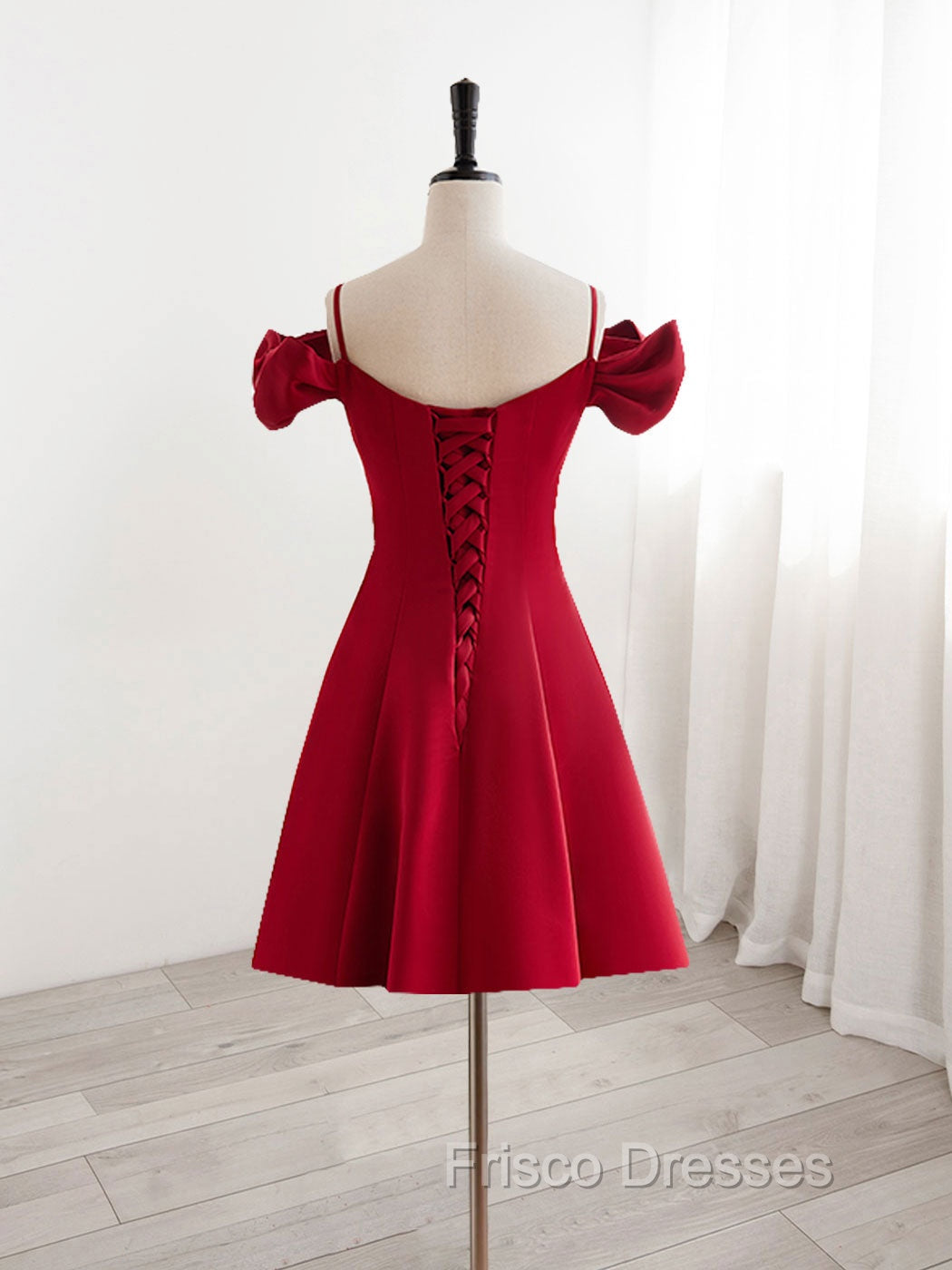 Burgundy  V Neck Satin Short Formal Prom Dress, Burgundy Homecoming Dress