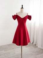 Burgundy  V Neck Satin Short Formal Prom Dress, Burgundy Homecoming Dress