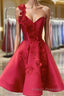 Burgundy v neck satin short Formal Prom Dresses one shoulder cocktail Dresses