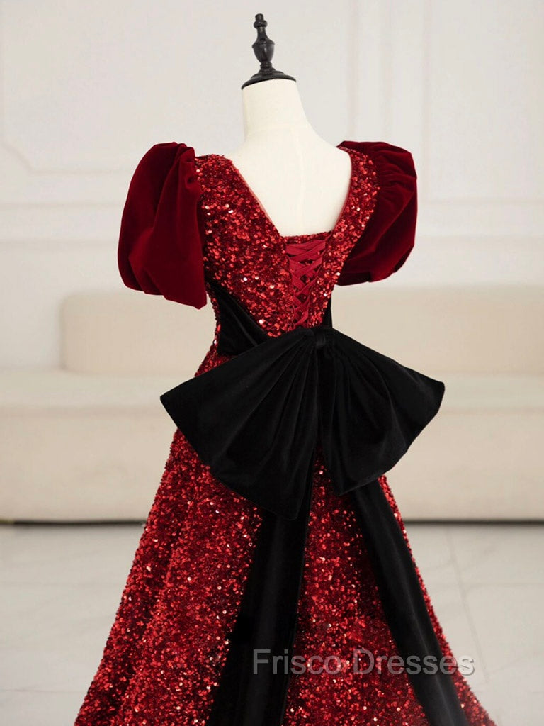 Burgundy V Neck Sequin Long Formal Prom Dress, Burgundy Evening Dress