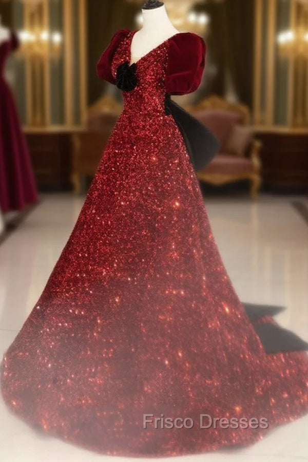 Burgundy V Neck Sequin Long Formal Prom Dress, Burgundy Evening Dress