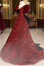 Burgundy V Neck Sequin Long Formal Prom Dress, Burgundy Evening Dress