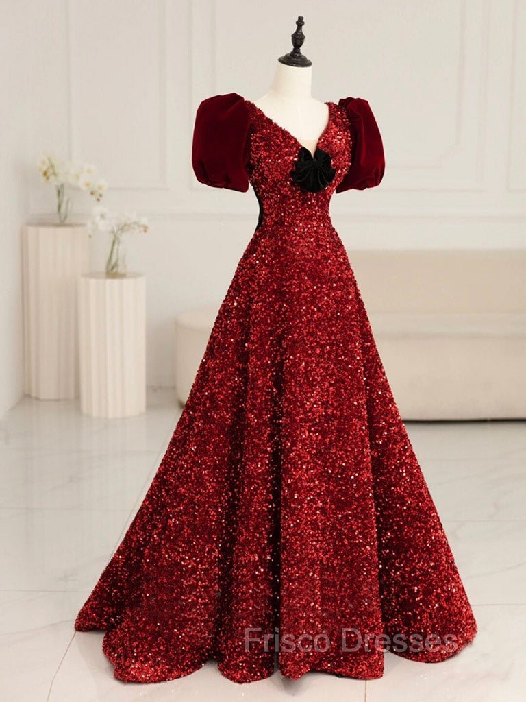Burgundy V Neck Sequin Long Formal Prom Dress, Burgundy Evening Dress