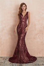 V-Neck Sequins Mermaid Sleeveless Lace-up Prom Dresses