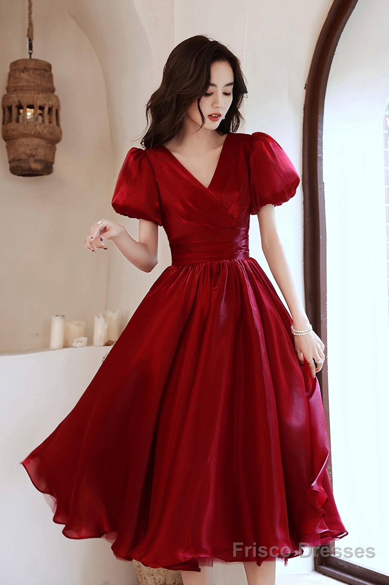 Burgundy V-Neck Short A-Line Prom Dress, Burgundy Short Sleeve Party Dress Secondary image