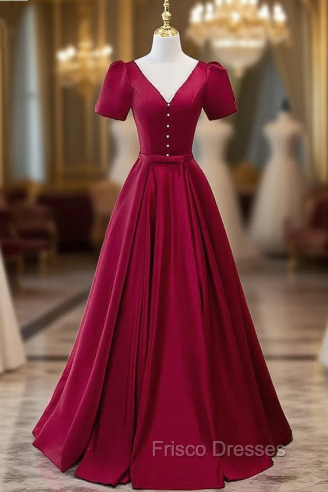 Burgundy V-neck Short Sleeve Pearls Formal Prom Dress Main image