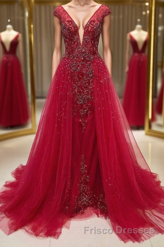 Burgundy v neck tulle beads long Formal Prom Dresses, burgundy evening Dresses