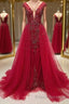 Burgundy v neck tulle beads long Formal Prom Dresses, burgundy evening Dresses