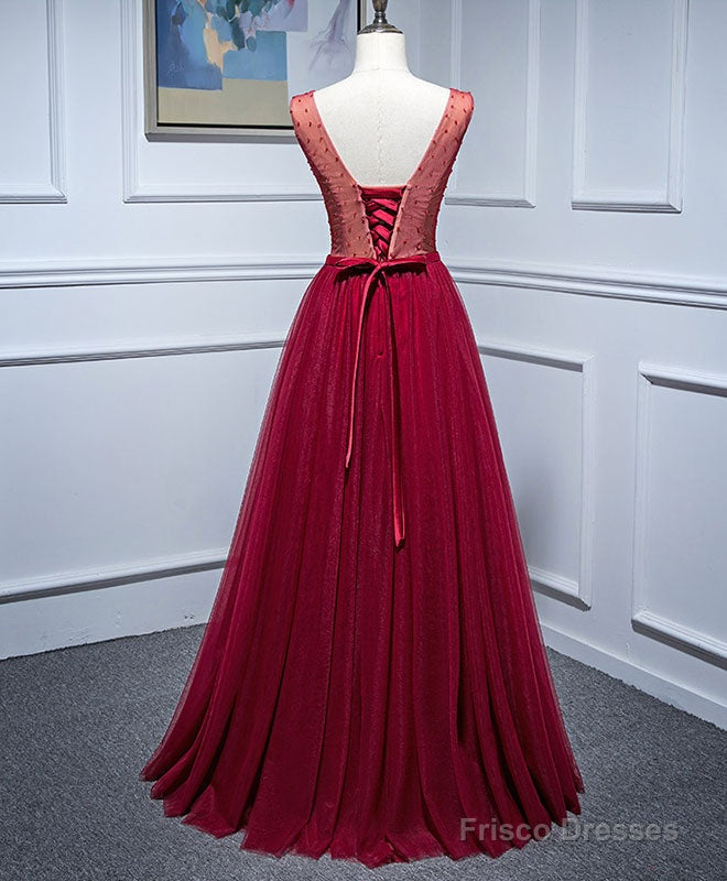 Burgundy V Neck Tulle Lace Long Prom Dress, Burgundy Evening Dress