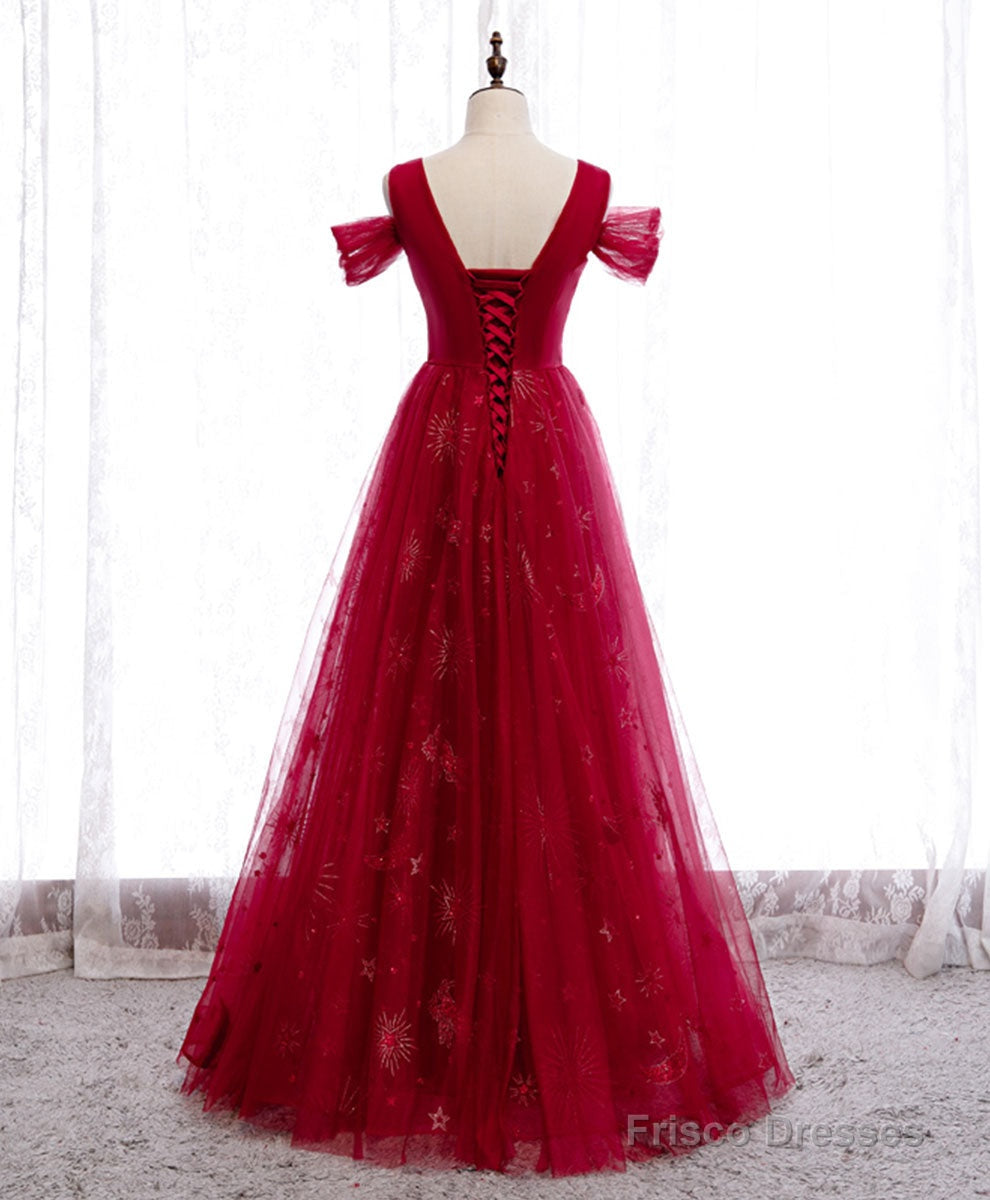 Burgundy V Neck Tulle Lace Long Prom Dress Burgundy Evening Dress Secondary image