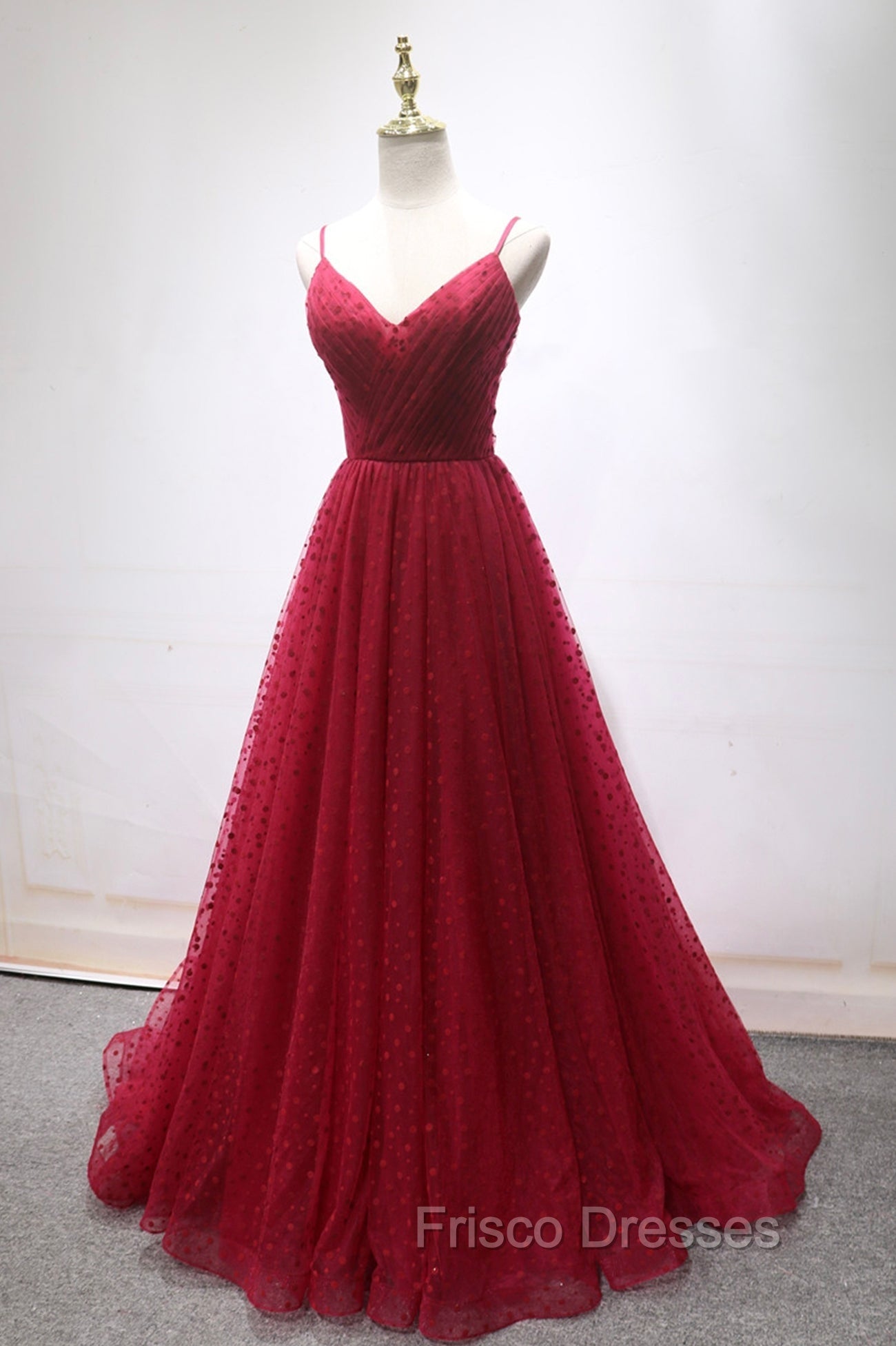 Burgundy V-Neck Tulle Long Formal Prom Dress, A-Line Backless Evening Party Dress Secondary image