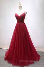 Burgundy V-Neck Tulle Long Formal Prom Dress, A-Line Backless Evening Party Dress