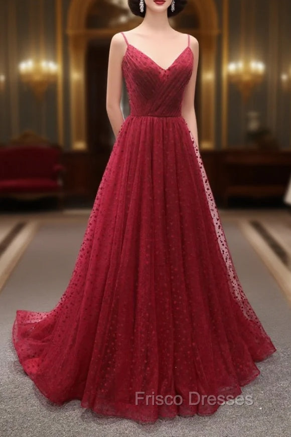 Burgundy V-Neck Tulle Long Formal Prom Dress, A-Line Backless Evening Party Dress