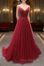Burgundy V-Neck Tulle Long Formal Prom Dress, A-Line Backless Evening Party Dress