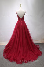 Burgundy V-Neck Tulle Long Formal Prom Dress, A-Line Backless Evening Party Dress