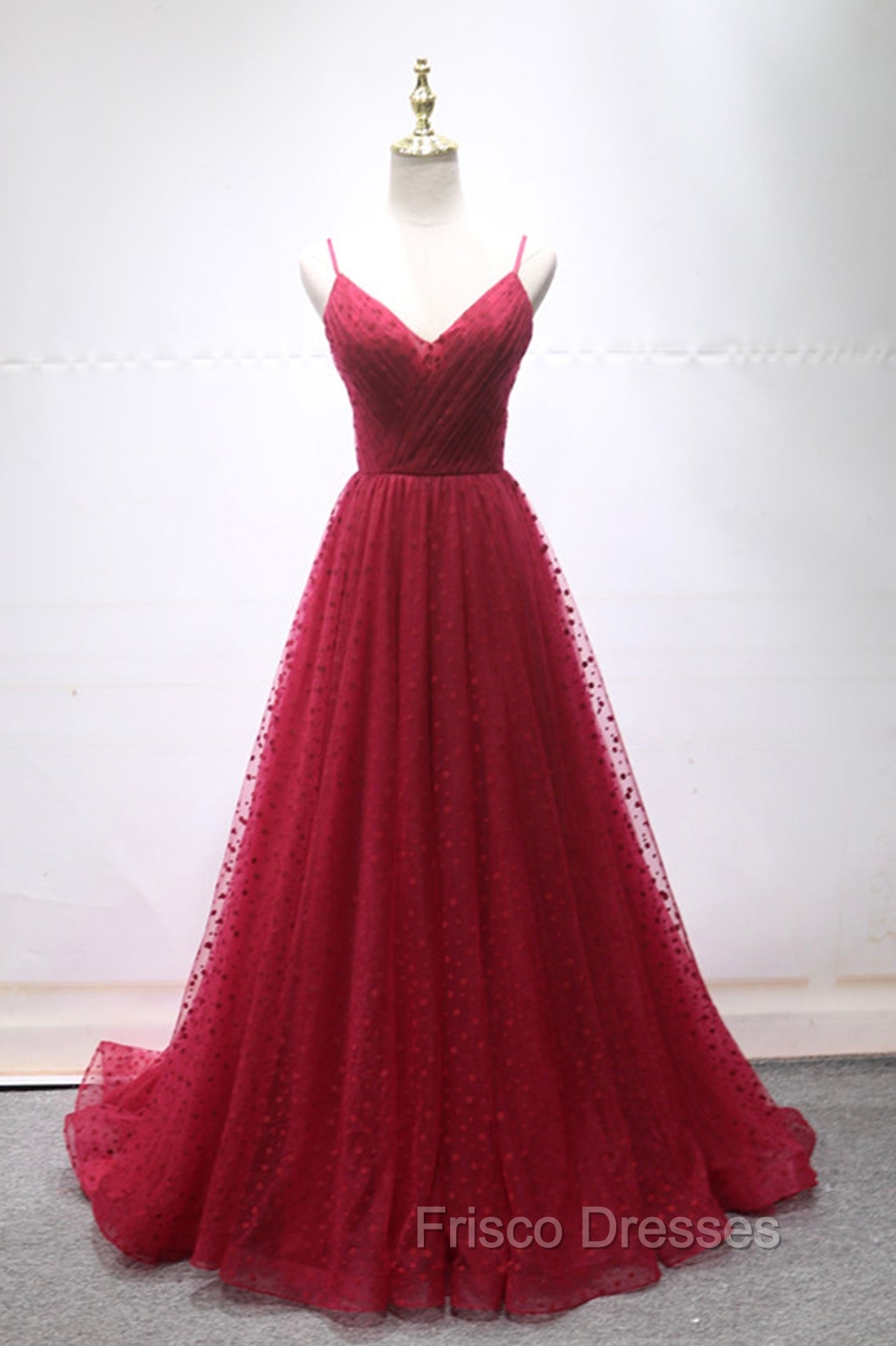 Burgundy V-Neck Tulle Long Formal Prom Dress, A-Line Backless Evening Party Dress
