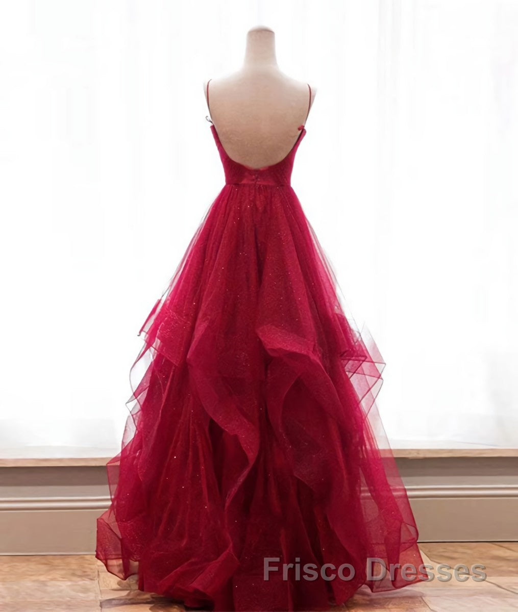 Burgundy v neck tulle long Formal Prom Dresses, burgundy evening Dresses Secondary image