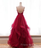Burgundy v neck tulle long Formal Prom Dresses, burgundy evening Dresses
