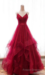 Burgundy v neck tulle long Formal Prom Dresses, burgundy evening Dresses
