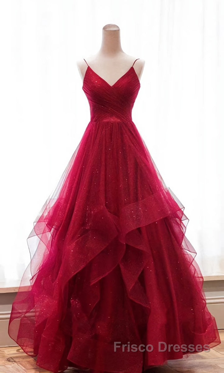 Burgundy v neck tulle long Formal Prom Dresses, burgundy evening Dresses