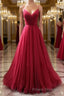 Burgundy v  neck tulle long Formal Prom Dresses, burgundy tulle formal Dresses