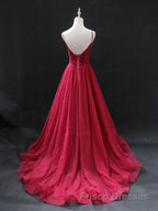 Burgundy v  neck tulle long Formal Prom Dresses, burgundy tulle formal Dresses