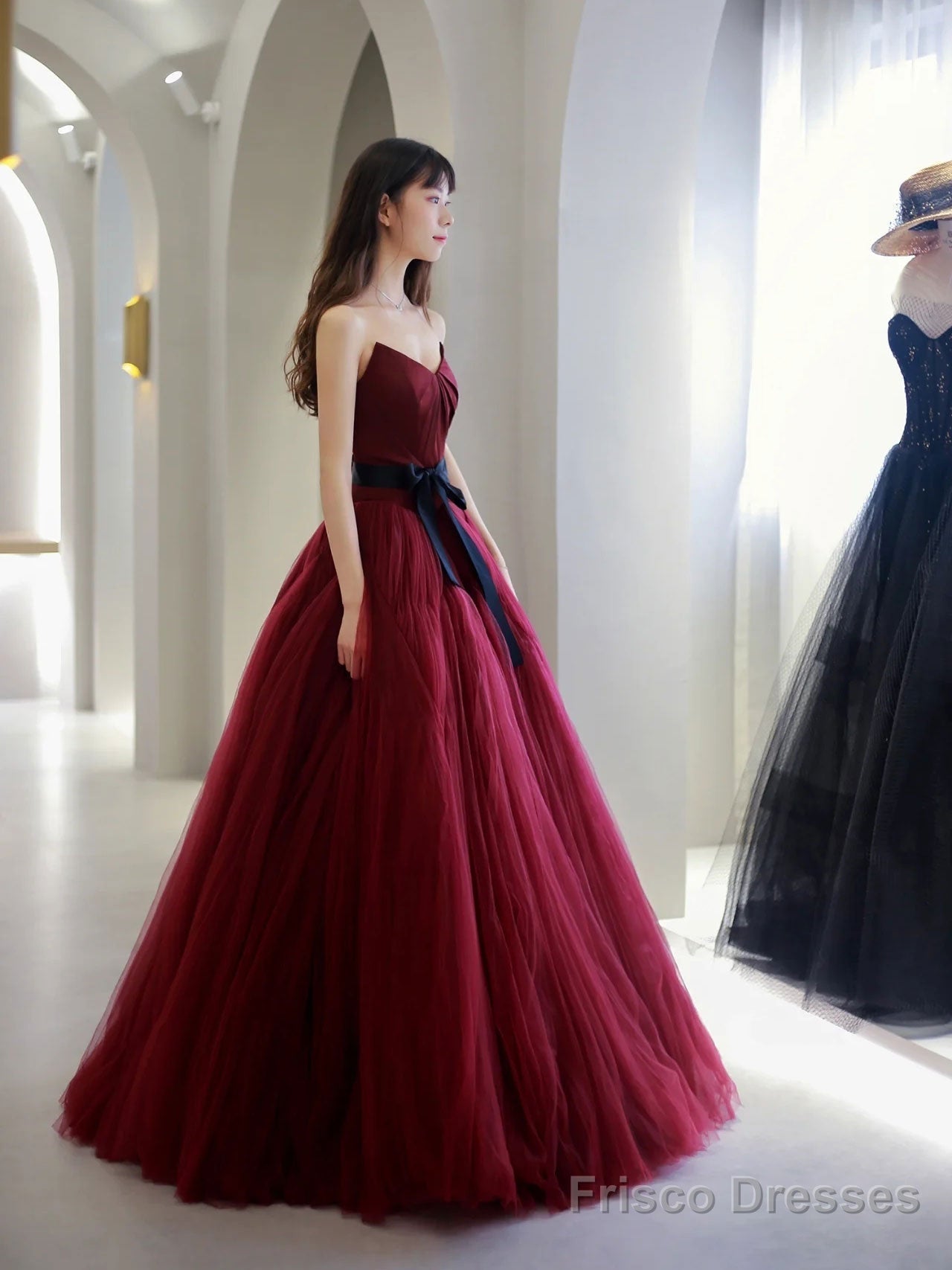 Burgundy V Neck  Tulle Long Prom Dress, Burgundy Tulle Formal Evening Dress Main image