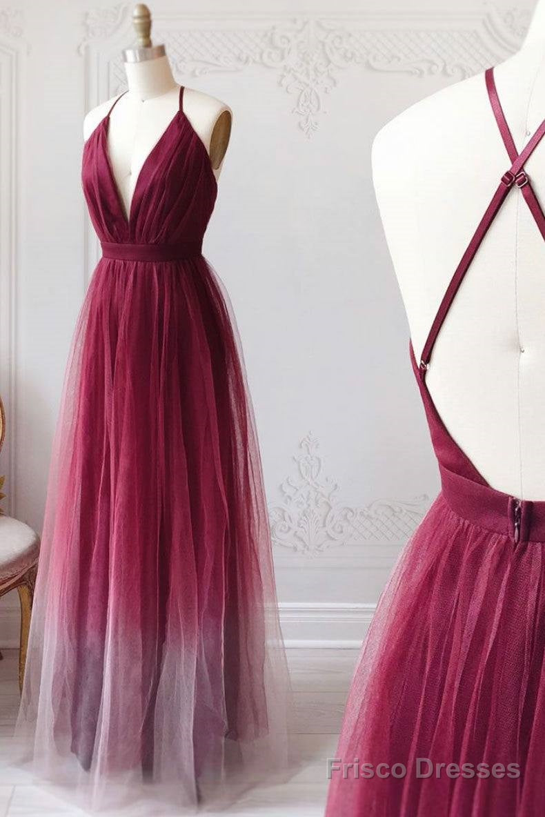 Burgundy V Neck Tulle Long Prom Dress Burgundy Tulle Long Formal Dress Secondary image