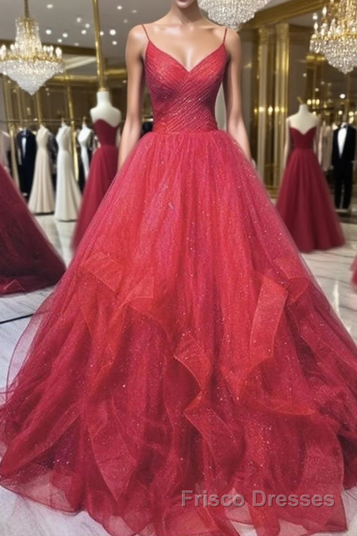 Burgundy v neck tulle long Formal Prom Dresses tulle formal Dresses