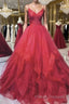 Burgundy v neck tulle long Formal Prom Dresses tulle formal Dresses
