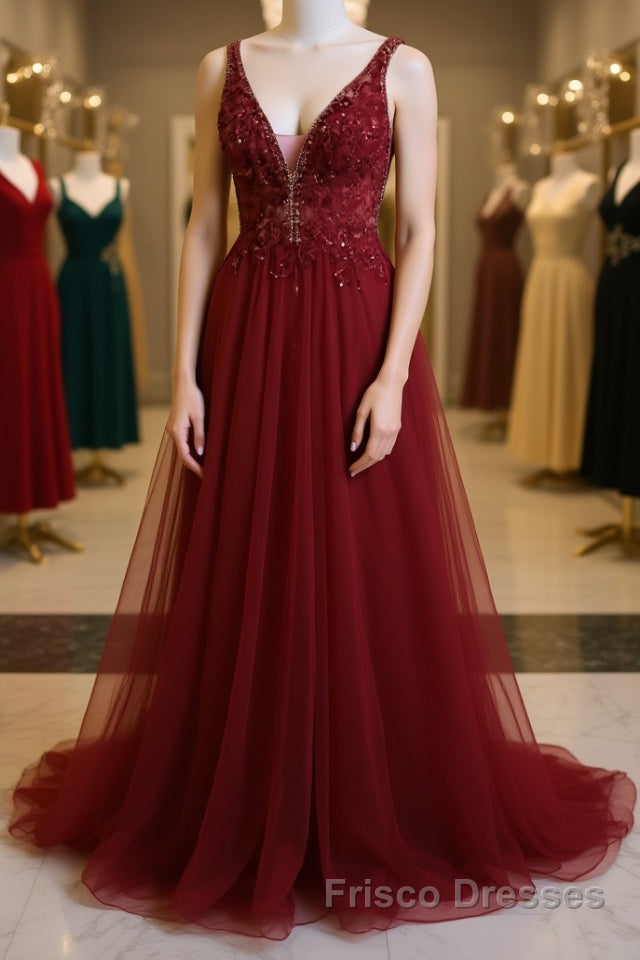 Burgundy v neck tulle sequin lace long Formal Prom Dresses Main image
