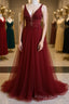 Burgundy v neck tulle sequin lace long Formal Prom Dresses