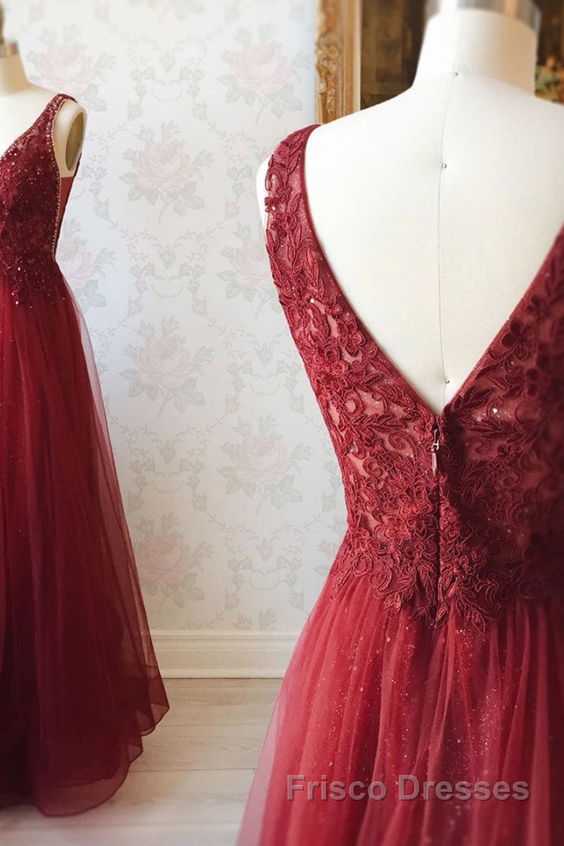 Burgundy v neck tulle sequin lace long Formal Prom Dresses