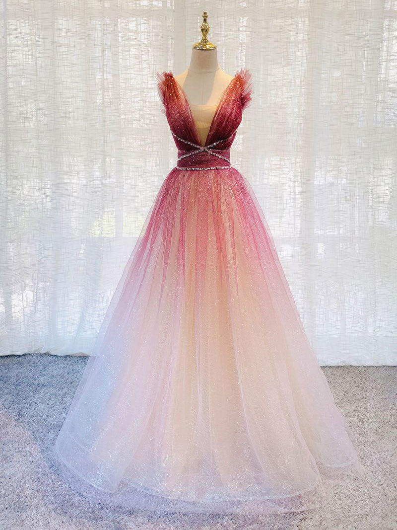 Burgundy V Neck Tulle Sequin Long Prom Dress Burgundy Formal Dress Main image