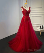 Burgundy V Neck Tulle Short Long Dress, Burgundy Evening Dress