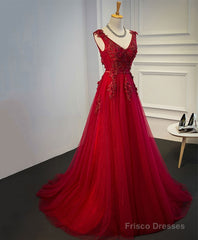 Burgundy V Neck Tulle Short Long Dress, Burgundy Evening Dress