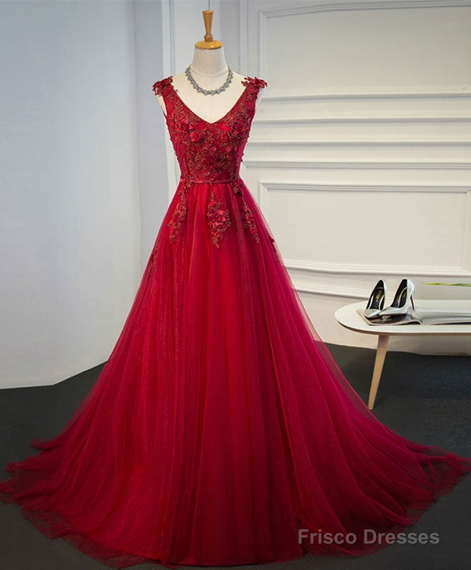 Burgundy V Neck Tulle Short Long Dress, Burgundy Evening Dress Main image