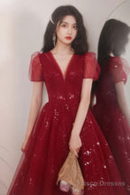 Burgundy V-Neck Tulle Short Prom Dress, A-Line Homecoming Party Dress