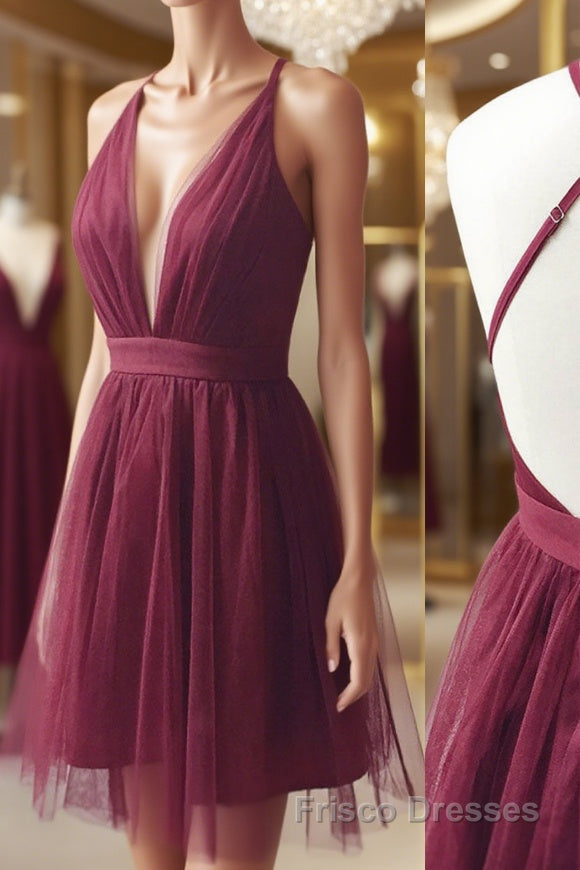 Burgundy v neck tulle short Formal Prom Dresses burgundy homecoming Dresses