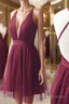 Burgundy v neck tulle short Formal Prom Dresses burgundy homecoming Dresses