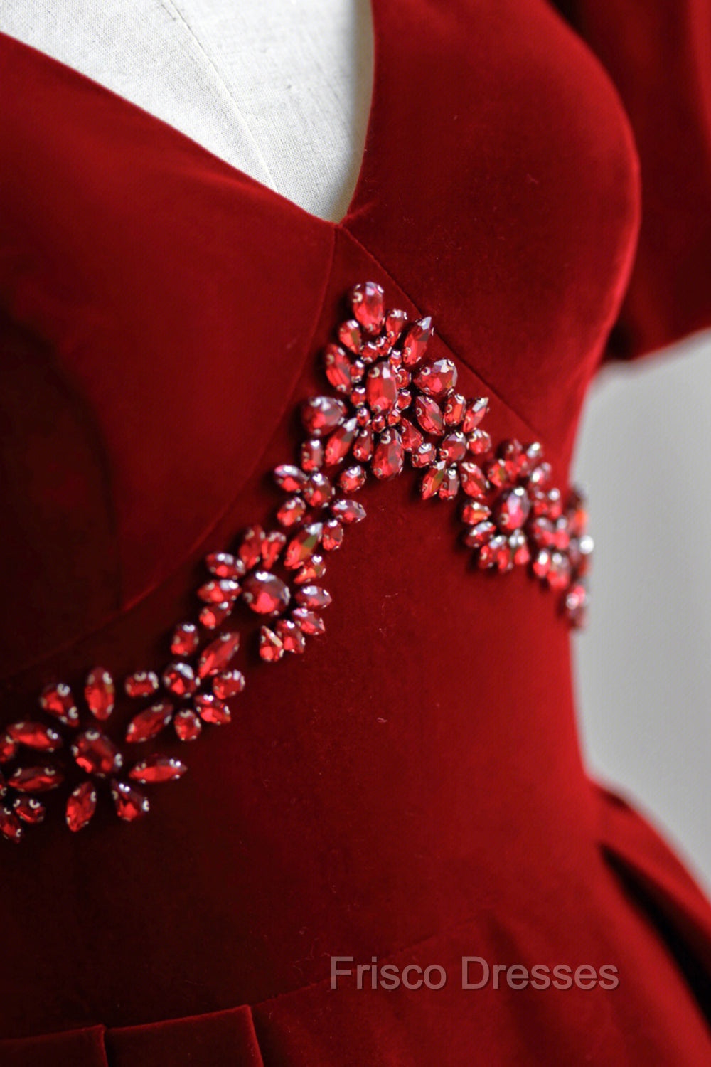 Burgundy V-Neck Velvet Long Formal Dress, A-Line Short Sleeve Evening Dress Secondary image