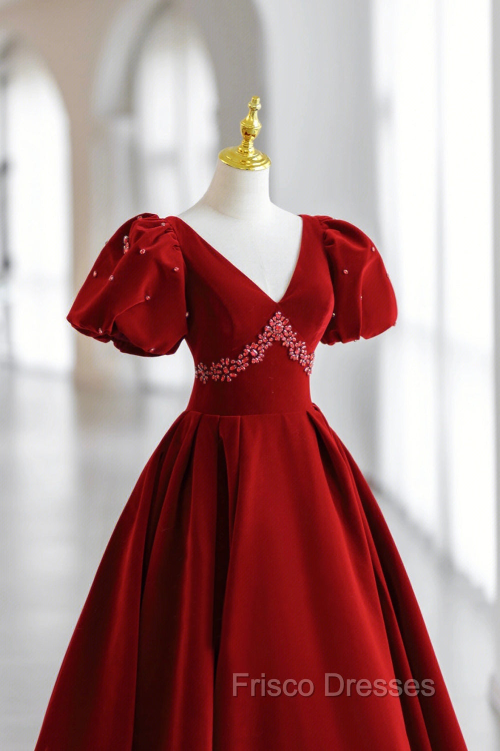 Burgundy V-Neck Velvet Long Formal Dress, A-Line Short Sleeve Evening Dress