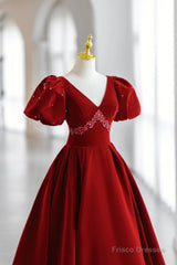 Burgundy V-Neck Velvet Long Formal Dress, A-Line Short Sleeve Evening Dress
