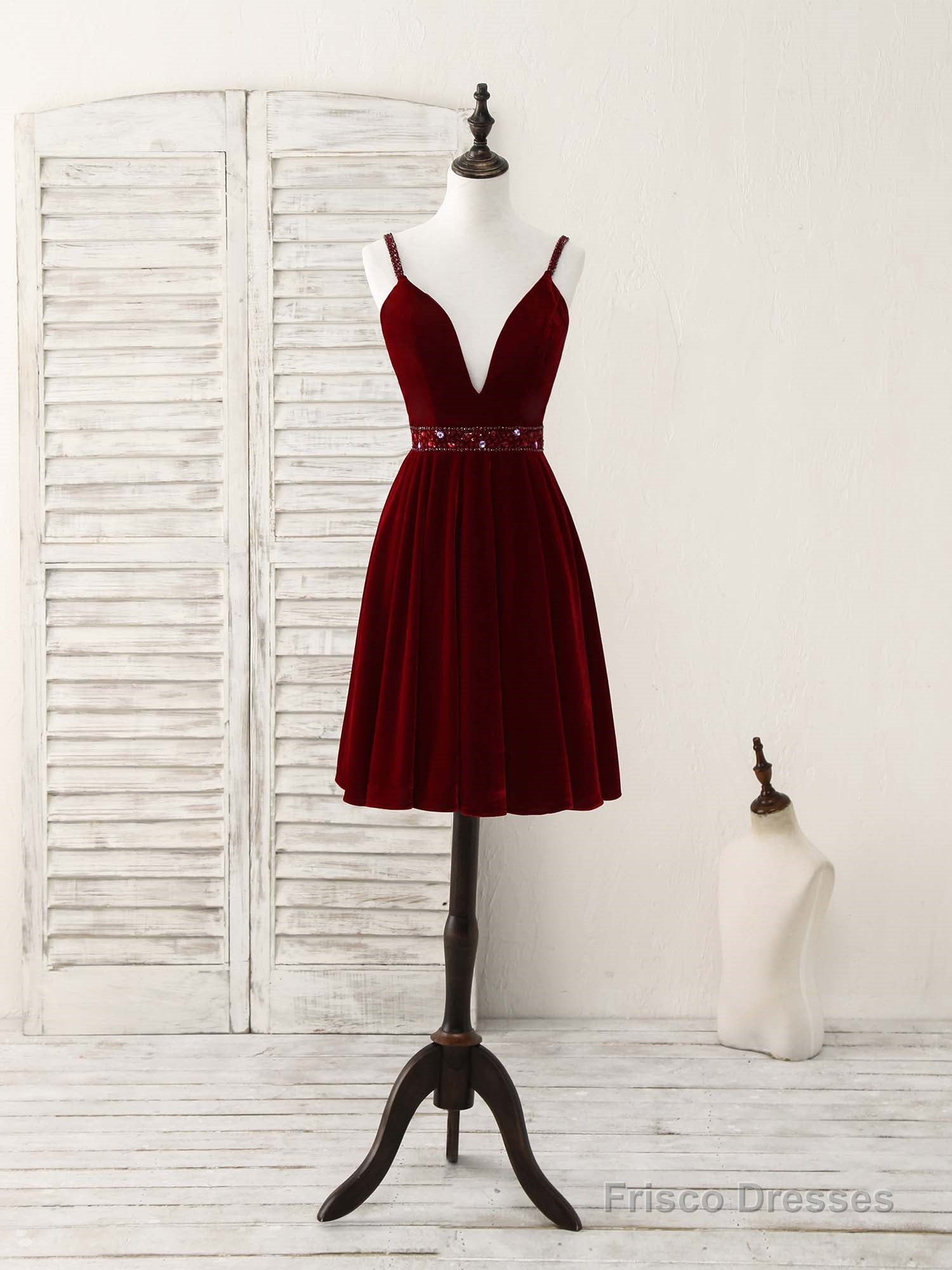 Burgundy V Neck Velvet Short Prom Dress, Burgundy Homecoming Dress Main image