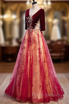 Burgundy V-Neck Velvet Tulle Long Formal Prom Dress, A-Line 1/2 Sleeve Evening Dress