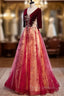 Burgundy V-Neck Velvet Tulle Long Formal Prom Dress, A-Line 1/2 Sleeve Evening Dress