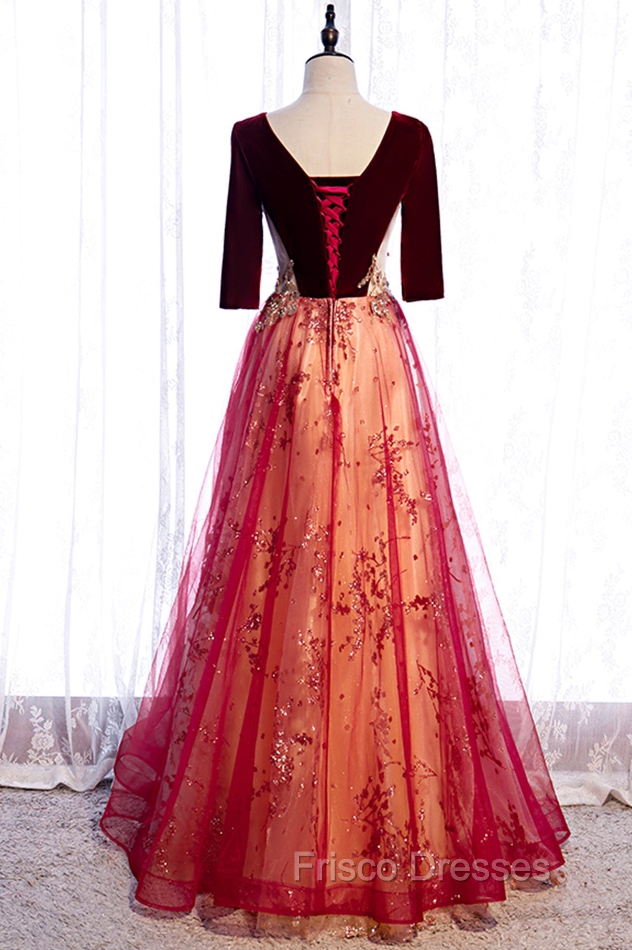 Burgundy V-Neck Velvet Tulle Long Formal Prom Dress, A-Line 1/2 Sleeve Evening Dress
